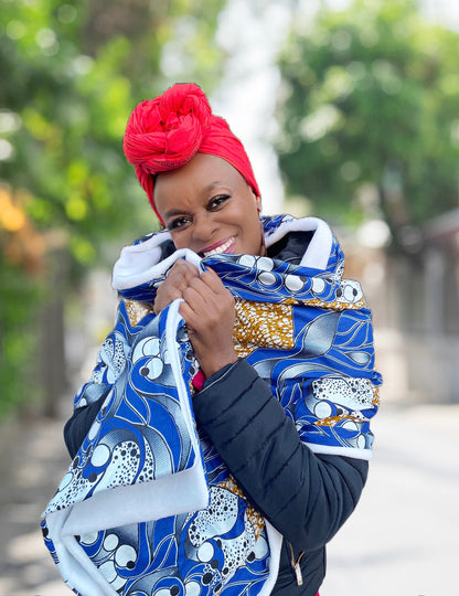 NGOZI AFRICAN print winter scarf for Adults Unisex - White / Blue Ankara